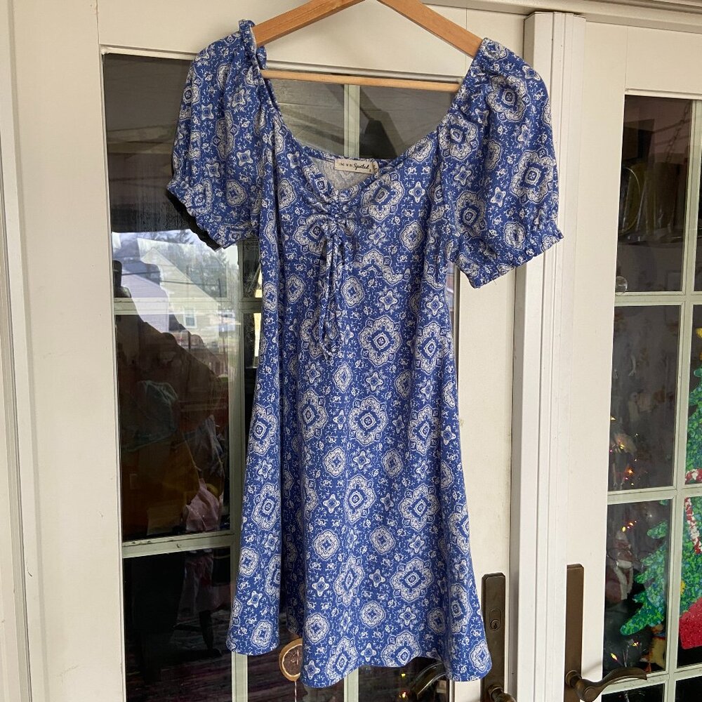 Live to Be Spoiled Dress Blue White Geometric Peekaboo Cutout Coquette Babydoll